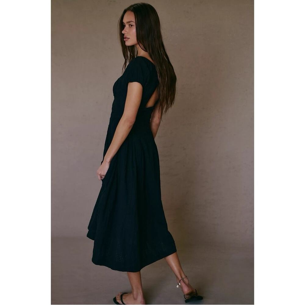Free People Ciara Pucker Check Midi Dress in Black Medium Classic Minimalist - Picture 3 of 11